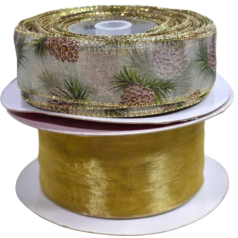 Kirkland Signature Gold Pinecone Ribbon Lot 38 Yds Wire Edged Sheer Christmas